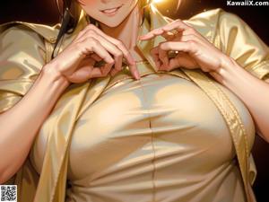 A woman in a gold dress with her hands on her breasts.