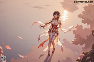 A woman in a red and white dress standing on a beach.